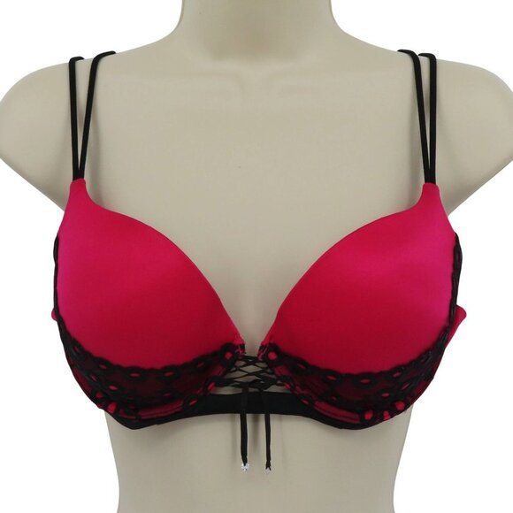 Victorias Secret 34C Very Sexy Push Up Bra Magenta Red Black Floral Flower Lace - Picture 1 of 14